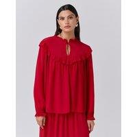 Ghost Crepe Tie Neck Ruffle Blouson Sleeve Blouse Red