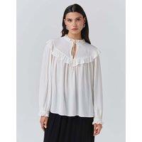 Ghost Crepe Tie Neck Ruffle Blouson Sleeve Blouse Ivory