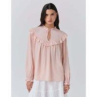 Ghost Crepe Tie Neck Ruffle Blouson Sleeve Blouse Pink