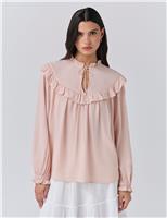 Crepe Tie Neck Ruffle Blouson Sleeve Blouse
