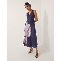 Satin Floral V-Neck Ruched Midi Skater Dress