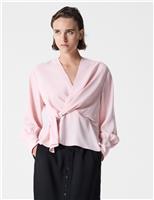 Crepe V-Neck Tie Detail Peplum Top