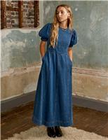 Denim Puff Sleeve Midaxi Waisted Dress