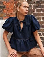 Denim Puff Sleeve Tie Neck Blouse