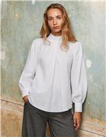 RO&ZO Pure Cotton High Neck Blouson Sleeve Blouse White