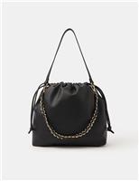 Faux Leather Drawstring Chain Strap Shoulder Bag