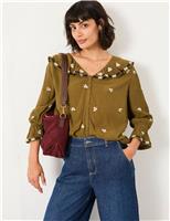 Embroidered V-Neck Button Through Blouse
