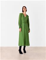 Textured V-Neck Frill Midi Waisted Dress