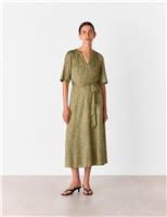 Leopard Print Notch Neck Midi Waisted Dress