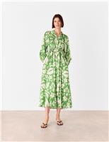 Whistles Floral V-Neck Button Through Midi Shirt Dress Green Mix