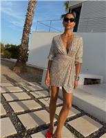 Sequin V-Neck Mini Wrap Dress