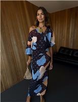 Plisse Abstract Print Maxi Waisted Dress