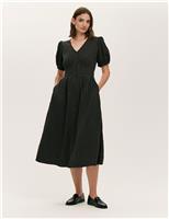 Cotton Blend Gingham Seersucker Midi Dress