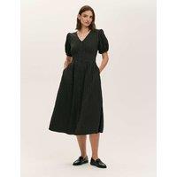 Cotton Blend Gingham Seersucker Midi Dress