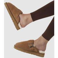 Jones Bootmaker Suede Faux Fur Lined Round Toe Mule Slippers Light Brown