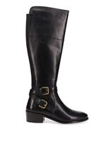 Leather Buckle Block Heel Knee High Boots