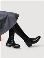 Leather Block Heel Knee High Boots
