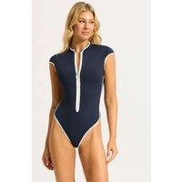 Seafolly Collective Padded Cap Sleeve Zip Up Swimsuit Navy