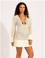 Textured Tie Neck Mini Beach Dress