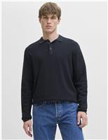 JACK & JONES Cotton Rich Textured Knitted Polo Shirt Navy