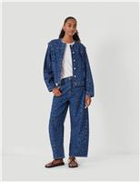 Denim Leopard Print Collarless Jacket