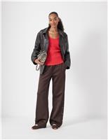 Cotton Blend Popper Detail Wide Leg Joggers