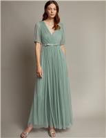 V-Neck Sheer Sleeve Maxi Waisted Dress