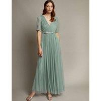 Monsoon V-Neck Sheer Sleeve Maxi Waisted Dress Light Green