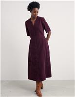 Pure Cotton Cord V-Neck Waisted Midi Dress