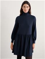 Cotton Rich Roll Neck Mini Waisted Dress