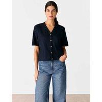 Whistles Pure Cotton V-Neck Button Through T-Shirt Navy
