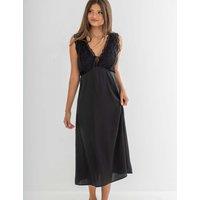 Pour Moi Dusk Satin & Lace Plunge Midi Chemise Black