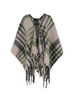 Checked Fringed Poncho with Wool
