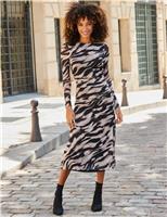 Mesh Abstract Print Ruched Midi Dress