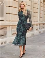 Mesh Animal Print Ruched Midi Dress