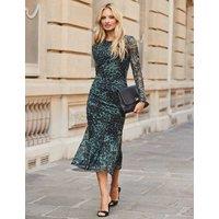 SOSANDAR Mesh Animal Print Ruched Midi Dress Grey Mix