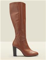 Leather Block Heel Knee High Boots