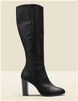 Leather Block Heel Knee High Boots