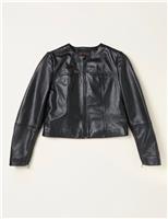 Leather Collarless Short Biker Jacket