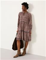 Geometric Print Tie Neck Tiered Smock Dress