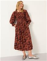 Printed Round Neck Midi Shirred Dress