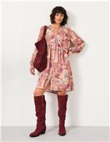 Printed Notch Neck Knee Length Tea Dress