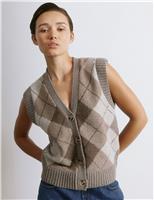 Argyle V-Neck Knitted Top with Wool