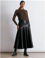 Faux Leather Drop Waist Midi A-Line Skirt