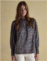 Pure Cotton Floral High Neck Smocked Blouse