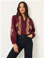 Pure Cotton Embroidered V-Neck Blouse