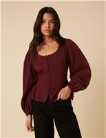 Pure Cotton Scoop Neck Button Through Blouse