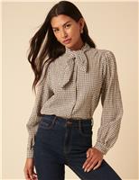 Pure Cotton Gingham Tie Neck Blouse