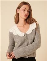 Ribbed Collared Cardigan with Wool