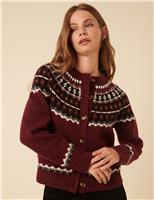 Fair Isle Crew Neck Cardigan with Wool